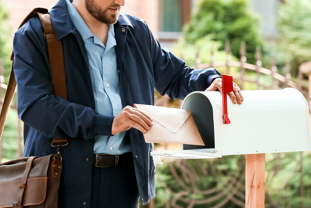 Mail carrier placing a personalized envelope into a residential mailbox, representing the effectiveness and reach of direct mail marketing