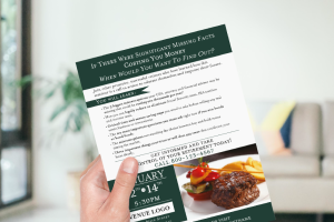 Hand holding a seminar invitation flyer featuring specific bullet points and a dinner offer, highlighting personalized messaging in event marketing