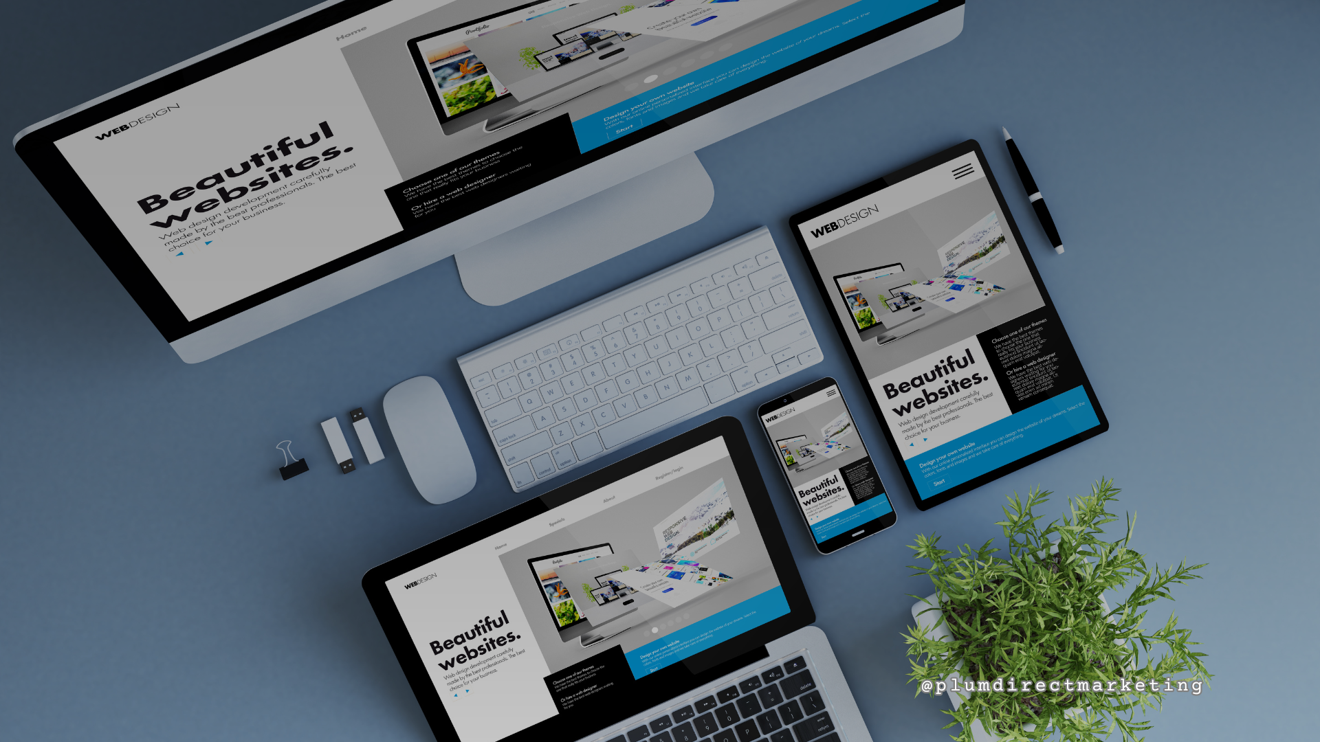 Responsive single-page website displayed on multiple devices including desktop, tablet, and smartphone, showcasing a clean and modern web design layout.