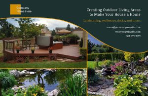 Visual example of how to get lawn care and landscaping customers using direct mail—featuring a custom deck, pond, and garden with professional work.