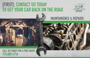 Two mechanics working under a car with a wrench graphic and engine close-up – Auto repair direct mail postcard sample for Aaron’s Auto Repair