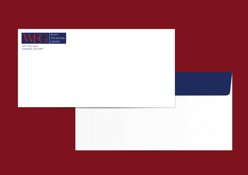 Envelope design for Watt Financial Group displaying the WFG logo and brand colors in a clean, modern layout.