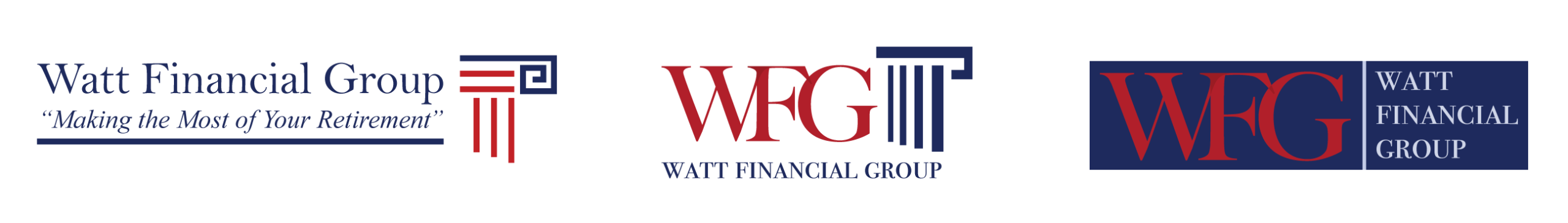 Logo design progression for Watt Financial Group showing three versions of the WFG logo with red and navy colors representing trust and professionalism.