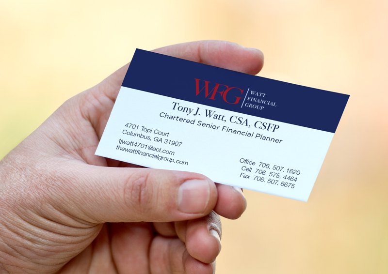 Business card design for Watt Financial Group featuring the WFG logo, navy and red color scheme, and professional contact details.