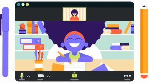 Colorful illustration of a smiling tutor helping a student through a virtual call, representing online tutoring services and website promotion for teachers.