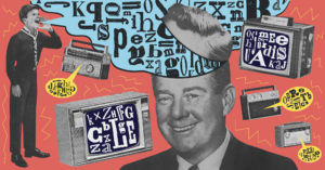 Visual metaphor for how to create a slogan for your business, featuring a retro businessman surrounded by bold, vintage-style branding slogans.