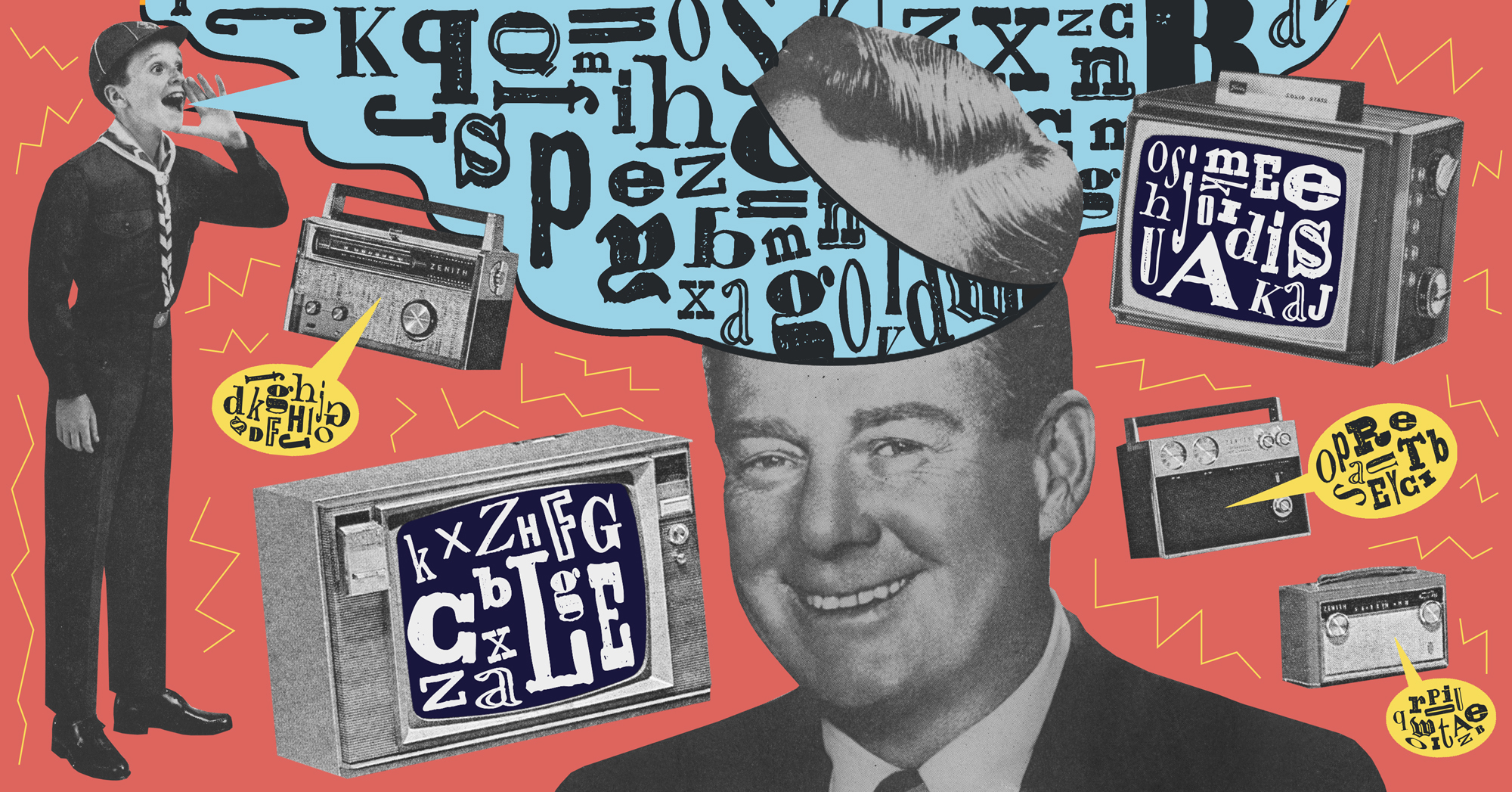 Visual metaphor for how to create a slogan for your business, featuring a retro businessman surrounded by bold, vintage-style branding slogans.