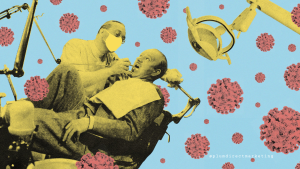 Surreal collage of a dentist treating a patient while surrounded by floating virus particles, symbolizing dental care and safety challenges during the COVID-19 pandemic.
