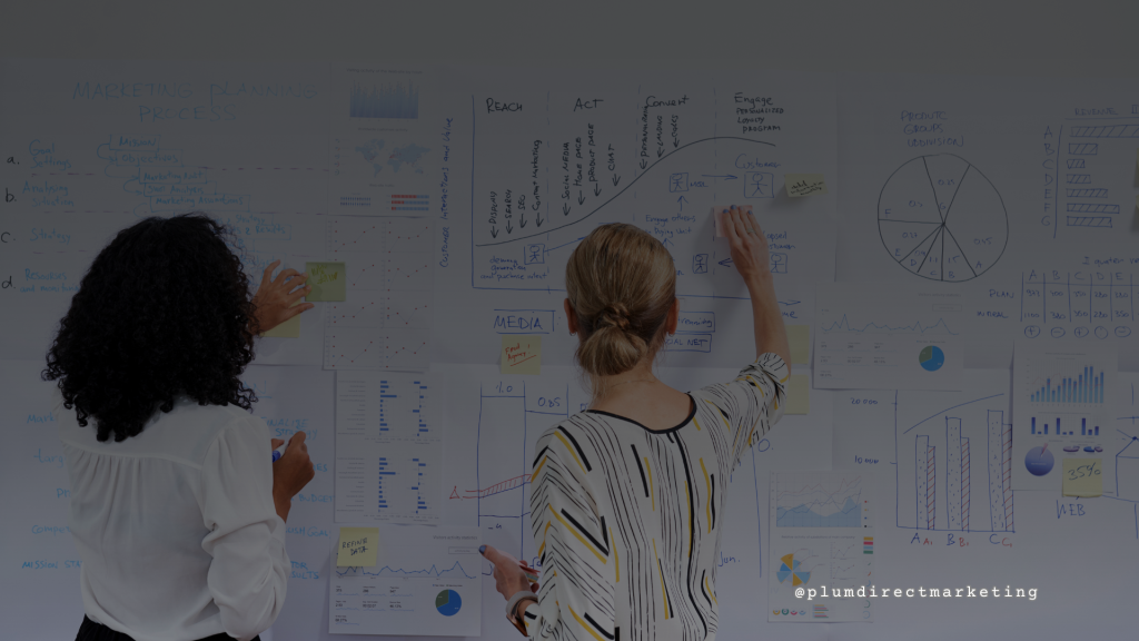 Two marketers analyzing and revising marketing plans on a wall, symbolizing a critical rethinking of traditional direct mail strategies