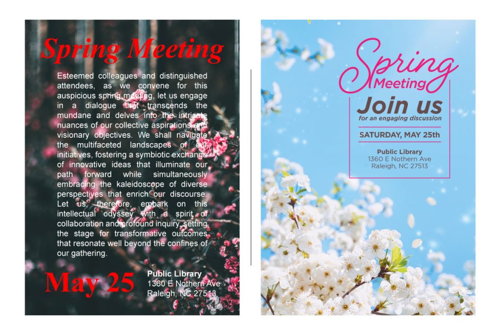 Side-by-side comparison of outdated postcard design versus refreshed modern spring version with clear CTA