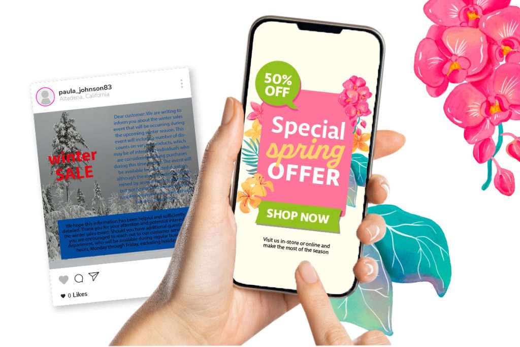 Side-by-side comparison of outdated winter social media ad versus refreshed spring version with clear seasonal creative