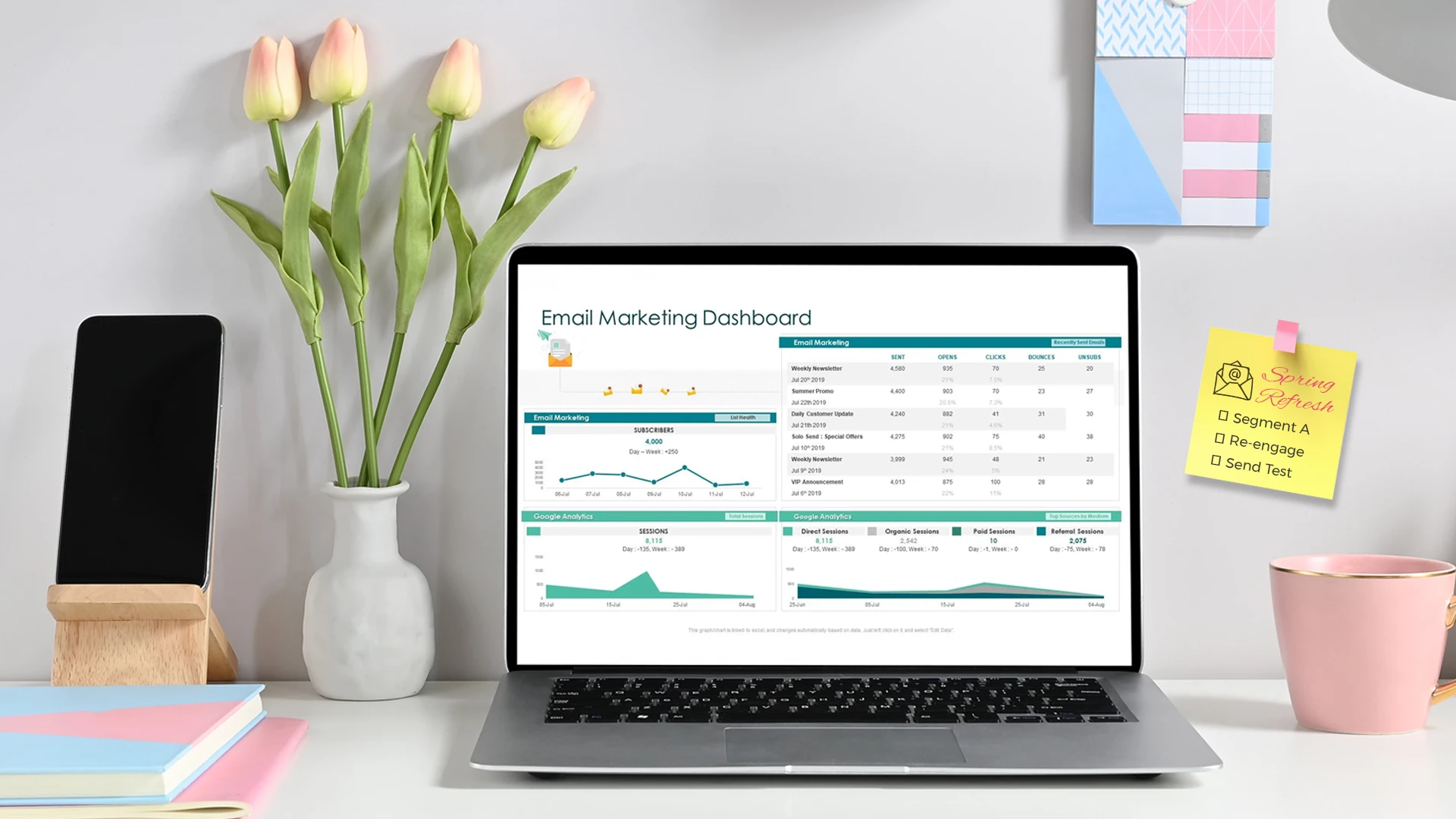 Spring email marketing workspace with campaign dashboard, flowers, and segmentation notes