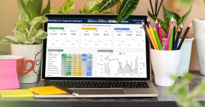 Flatlay of Google Ads dashboard on laptop surrounded by spring elements, representing a seasonal ad audit workspace