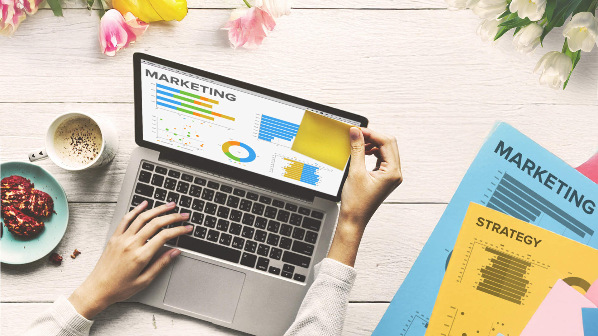 Spring marketing workspace with digital and direct mail analytics