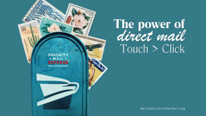 Blue mailbox with vintage stamps promoting the power of direct mail for real estate marketing — Touch > Click concept