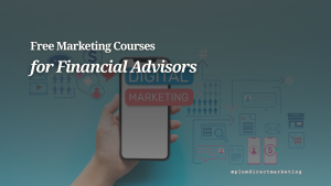 Hand holding phone with digital marketing icons, promoting free marketing courses for financial advisors