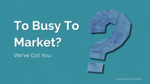 Visual graphic for blog on Marketing Plan for Small Business with bold text “Too Busy To Market? We’ve Got You.” on a blue background and large question mark.