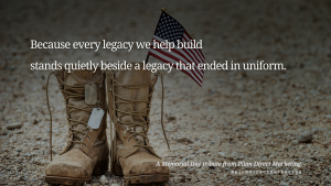 Memorial Day social media post image featuring military boots, dog tags, and a folded American flag to honor fallen soldiers.