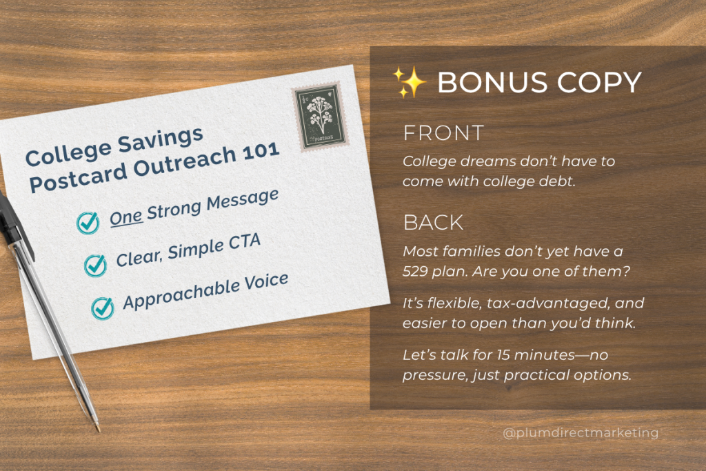 Postcards example for college savings outreach with clear messaging and CTA tips