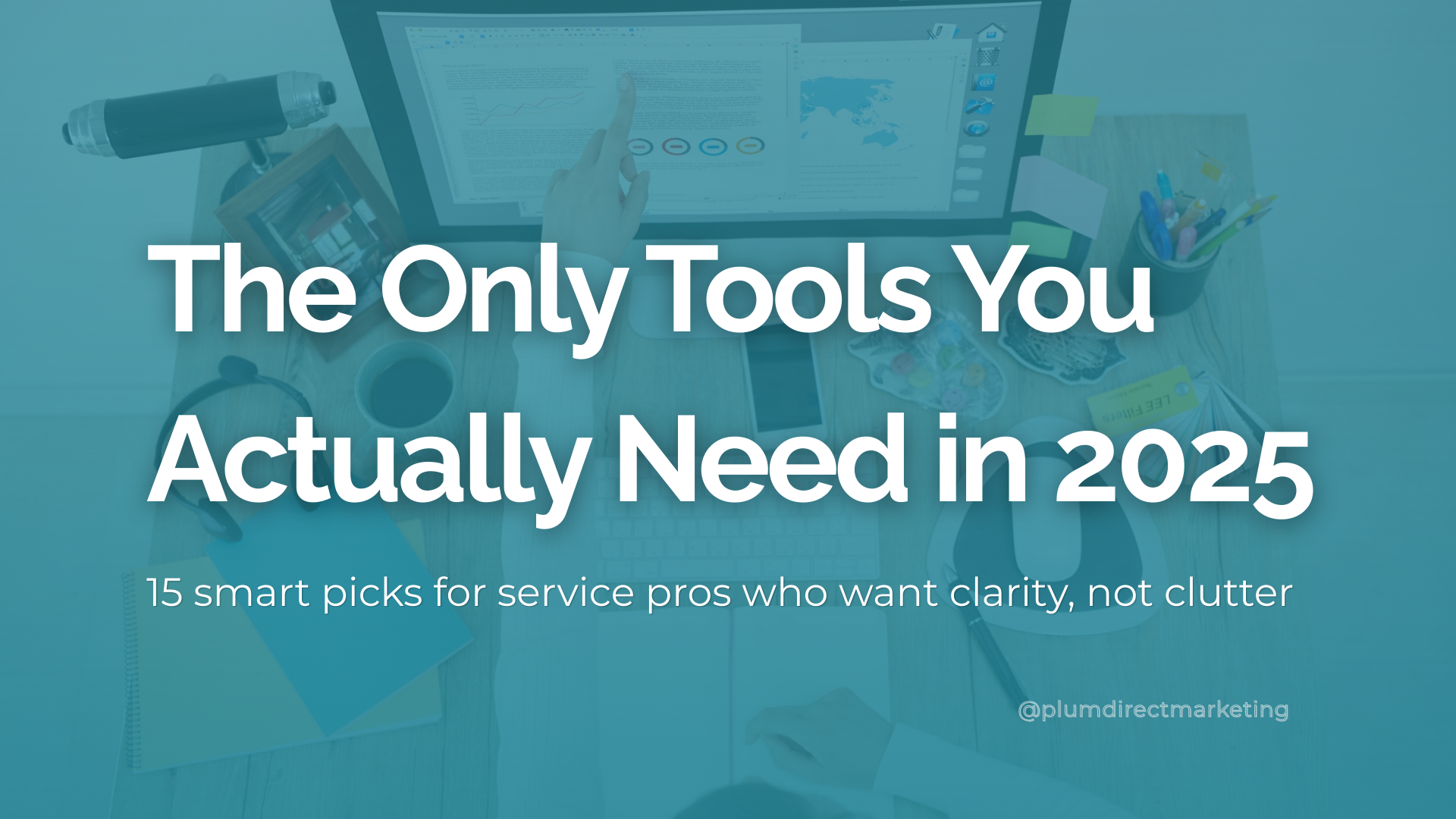 Desktop workspace with analytics dashboard and office tools, representing essential digital marketing tools for small businesses in 2025.