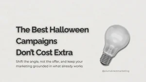 Light bulb symbolizing bright marketing ideas beside the headline “The Best Halloween Campaigns Don’t Cost Extra” on a minimal beige background.