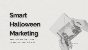 Hands holding a seasonal postcard with pumpkins inside an envelope — visual concept for Halloween Marketing Ideas focused on strategy by Plum Direct Marketing