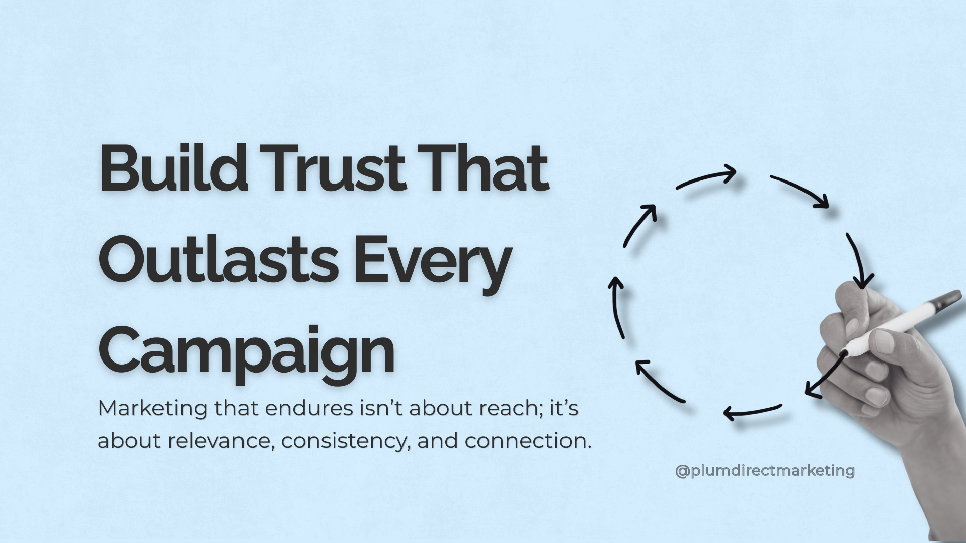 Legacy marketing visual showing the phrase “Build Trust That Outlasts Every Campaign” with a circular arrow design symbolizing long-term connection and consistency.