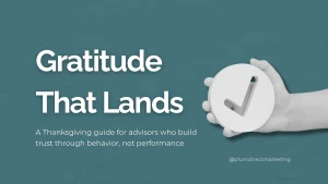 Featured image for a blog on thanksgiving marketing campaigns showing the headline “Gratitude That Lands” and a checkmark symbol representing trust-based client appreciation.