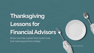 Featured image for a thanksgiving marketing post showing a clean table setting with a plate, fork, and spoon to illustrate hospitality lessons for financial advisors.